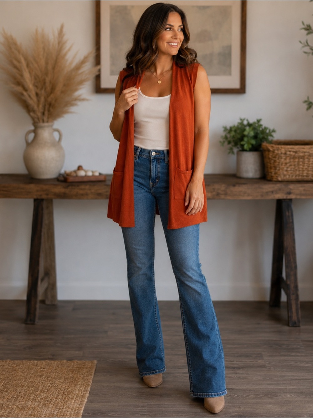 Allison Daley Women’s M/M Rust Orange Long Open Front Knit Vest Cardigan NWT